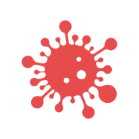 A red and white virus on a green background