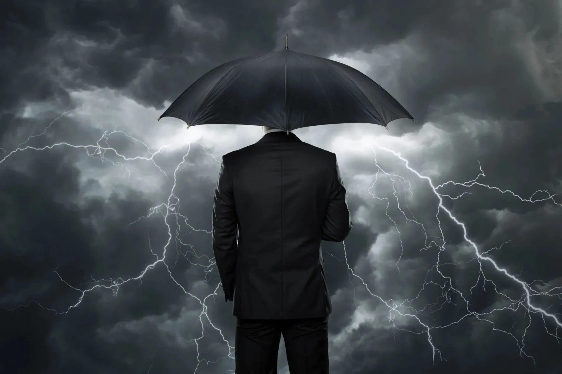 A man in a suit holding an umbrella