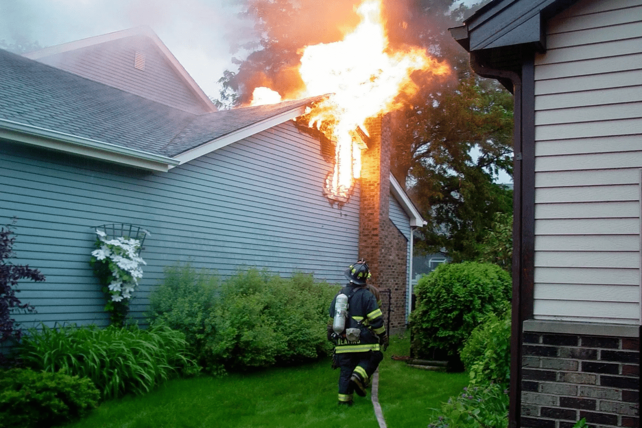 A fireman is in the yard with a hose.